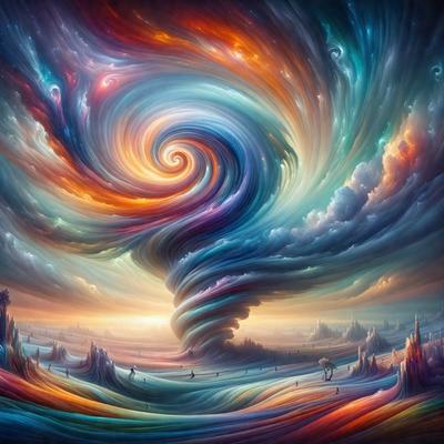 The primary subject of the image is a colorful, swirling vortex, which appears to be a painting or digital art. The setting is a beach, with a person standing in the foreground. The visual style is artistic, and the colors and mood are vibrant and lively.